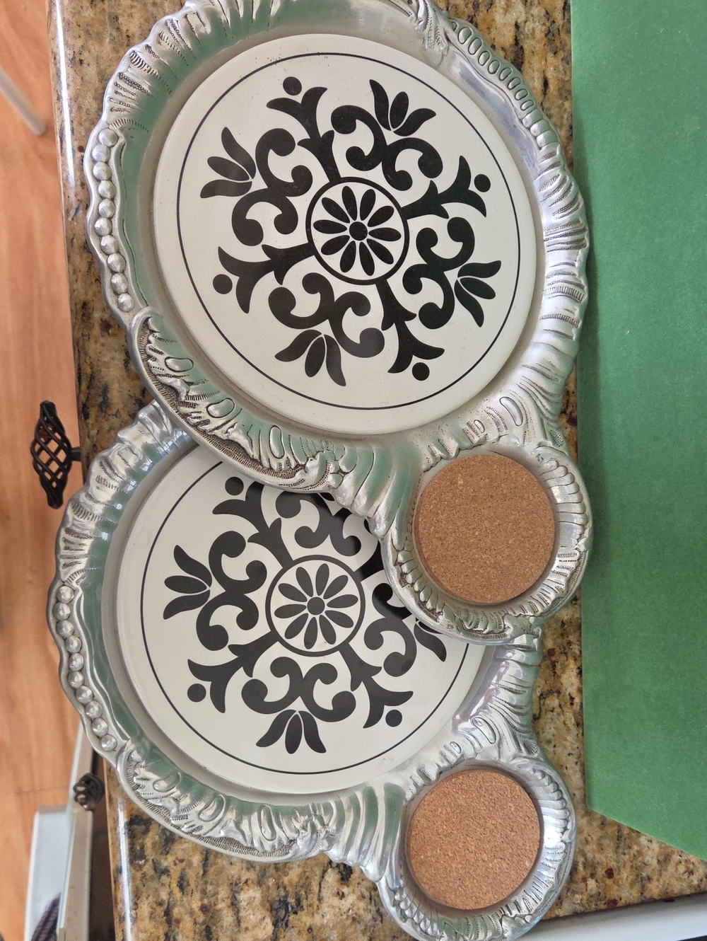 Silver Charcuterie Coaster Set with Tile Floral Inlay - 2-Pack